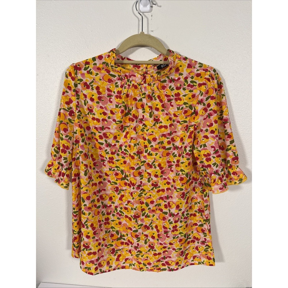 BTFBM Women Floral Print Ruffle Neck Short Sleeve Blouse Top Size M X1